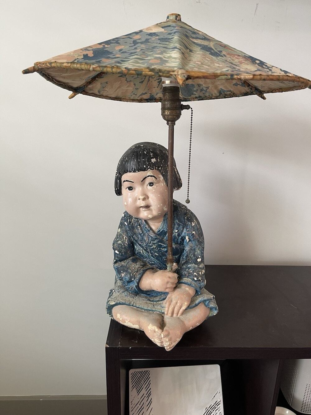 Vintage Japanese Geisha Child Parasol Table Lamp Plaster Chalkware As-Is Repair